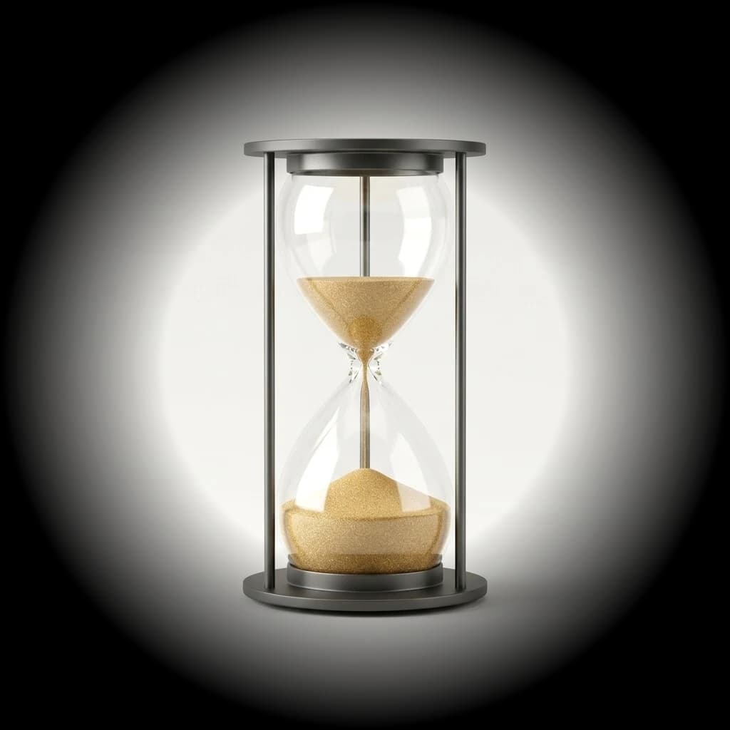A premium hourglass with gold sand, two thirds settled