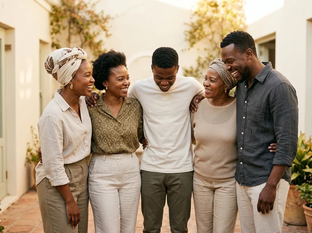 Five friends and family members laughing together with their arms around each other in a sunlit courtyard