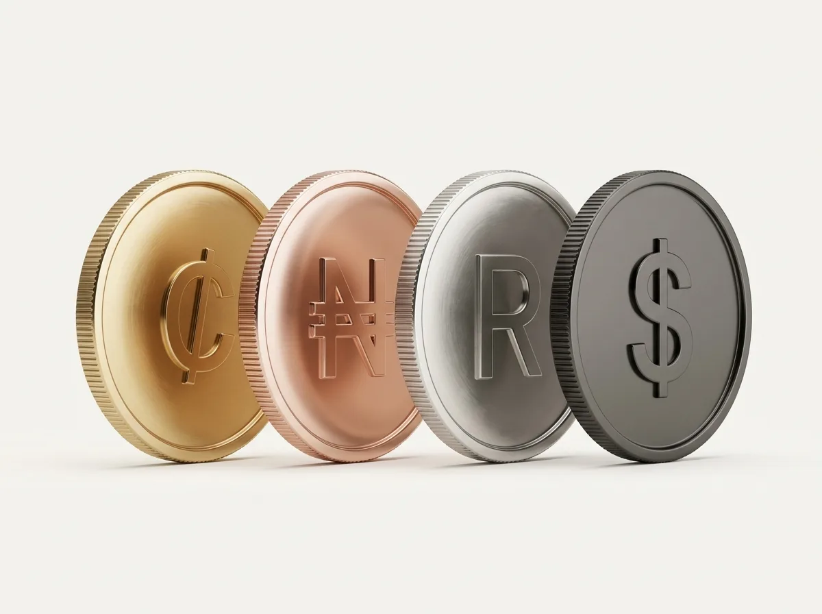 Four coins side by side: Ghanaian cedi, Nigerian naira, South African rand and US dollar